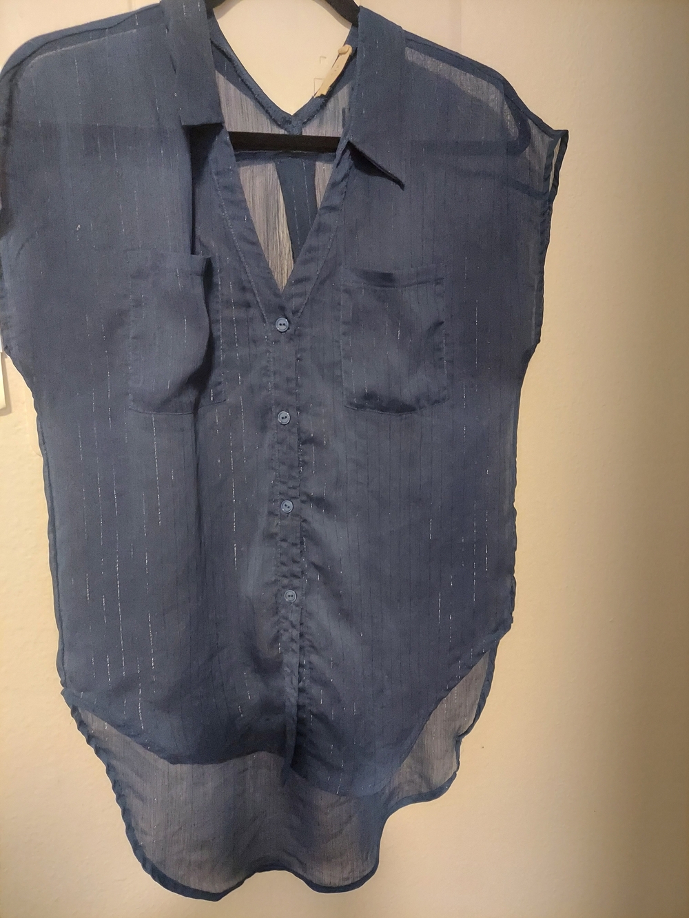 Lush Navy Blue Short Sleeve Sheer Button-Up Top